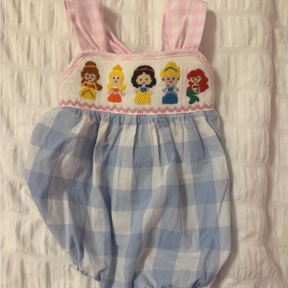 Pink and Blue Gingham Baby Smock with Princess Embroidery
